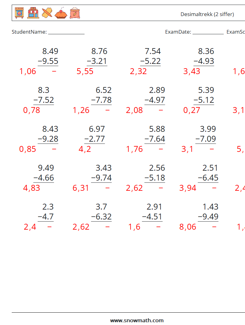 (25) Desimaltrekk (2 siffer) MathWorksheets 1 QuestionAnswer