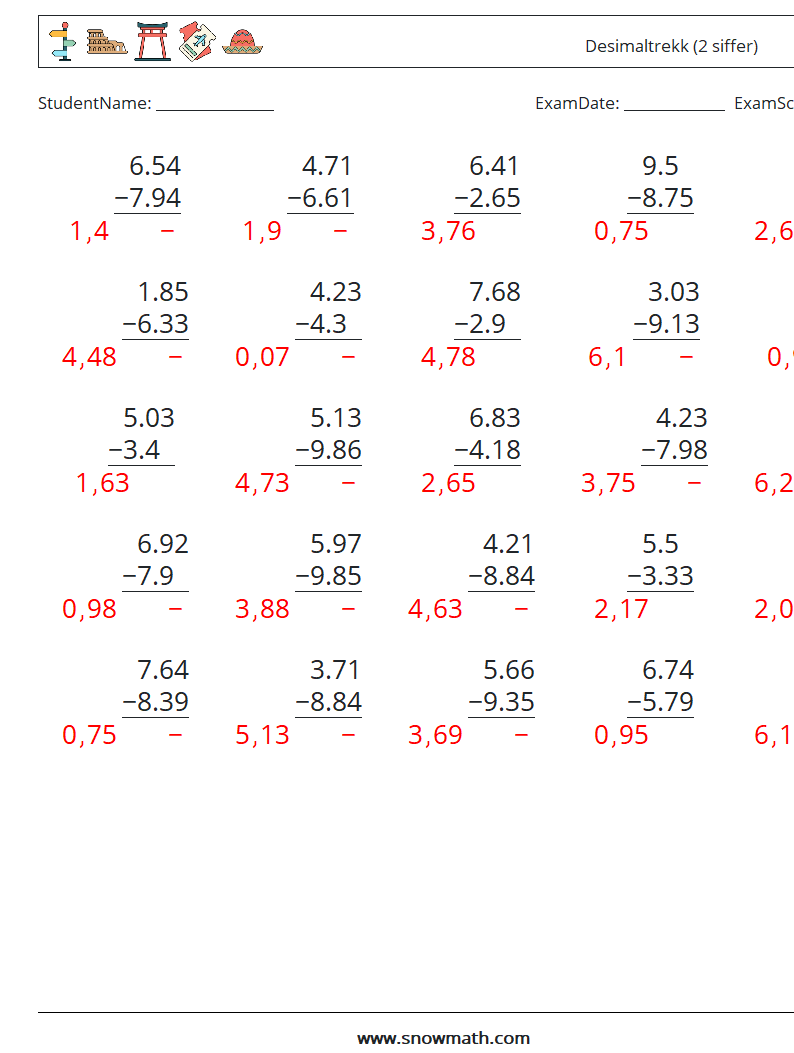 (25) Desimaltrekk (2 siffer) MathWorksheets 2 QuestionAnswer