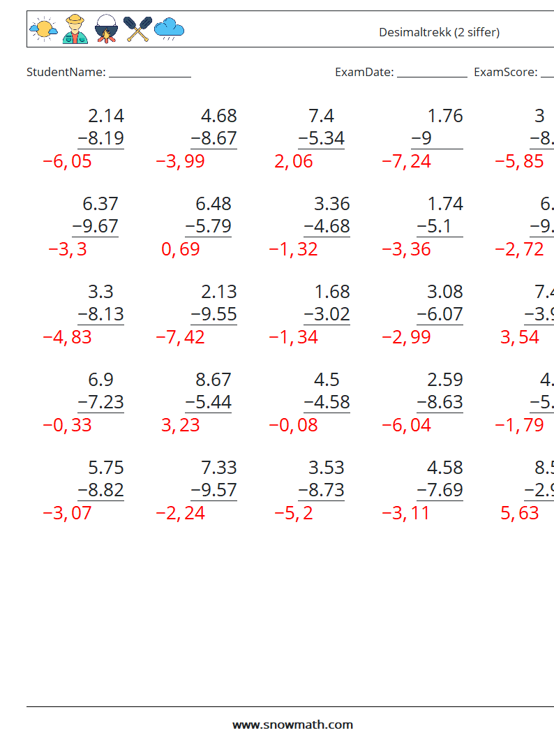 (25) Desimaltrekk (2 siffer) MathWorksheets 9 QuestionAnswer