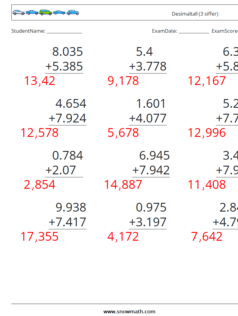 (12) Desimaltall (3 siffer) MathWorksheets 10 QuestionAnswer