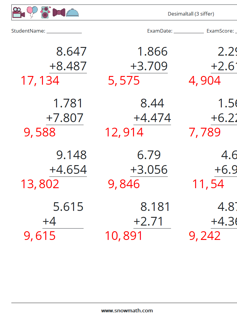 (12) Desimaltall (3 siffer) MathWorksheets 11 QuestionAnswer