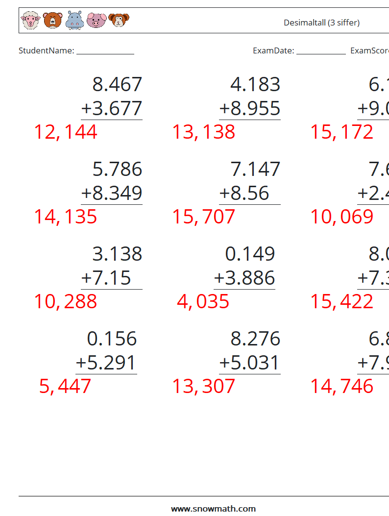 (12) Desimaltall (3 siffer) MathWorksheets 13 QuestionAnswer