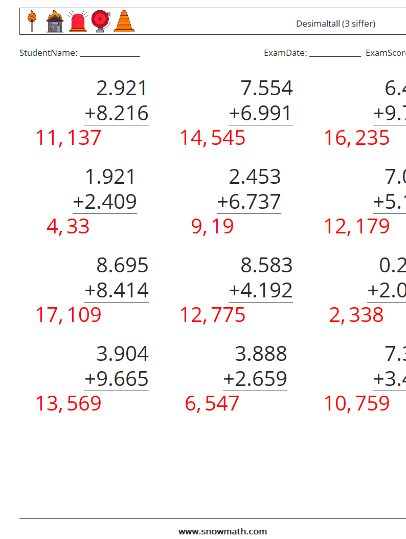 (12) Desimaltall (3 siffer) MathWorksheets 14 QuestionAnswer