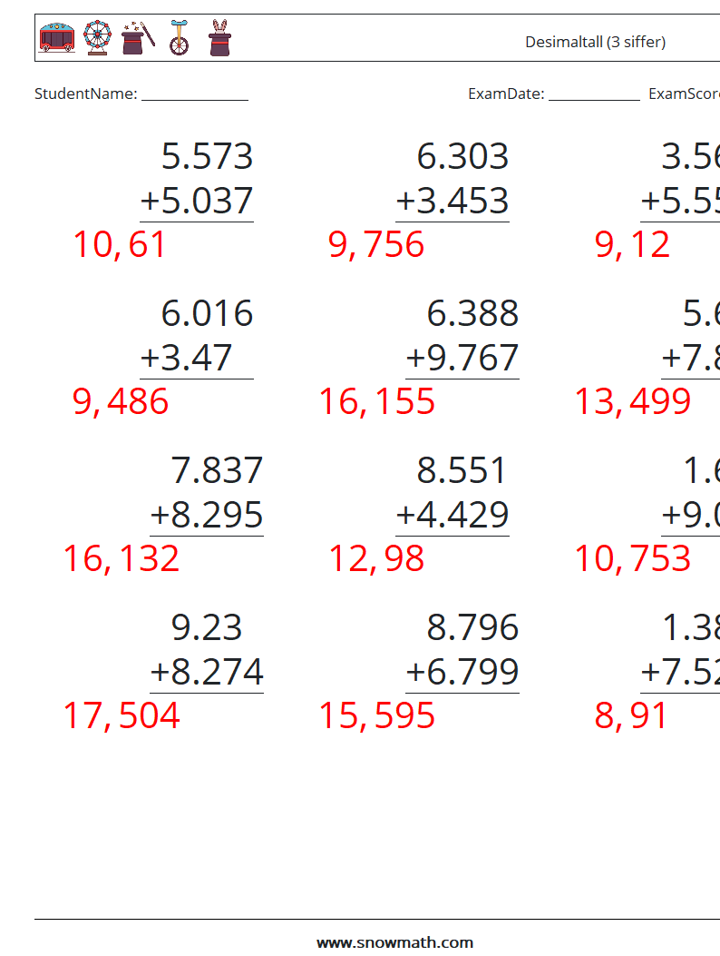 (12) Desimaltall (3 siffer) MathWorksheets 15 QuestionAnswer