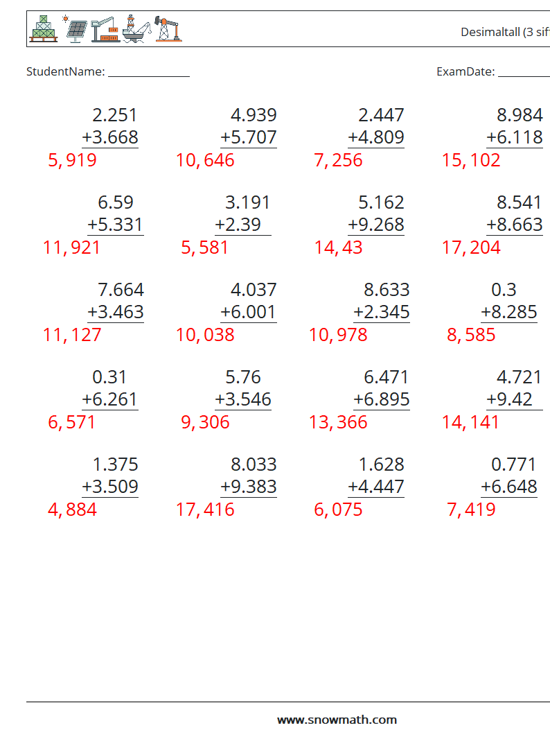 (25) Desimaltall (3 siffer) MathWorksheets 12 QuestionAnswer