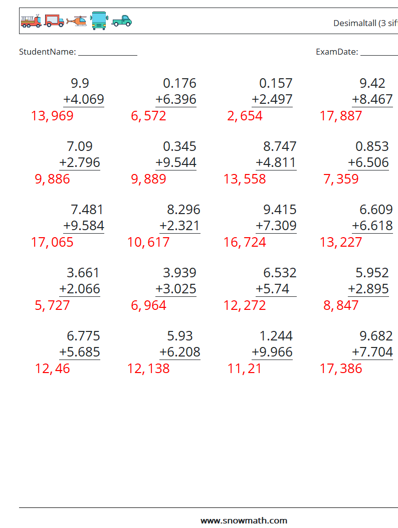 (25) Desimaltall (3 siffer) MathWorksheets 14 QuestionAnswer