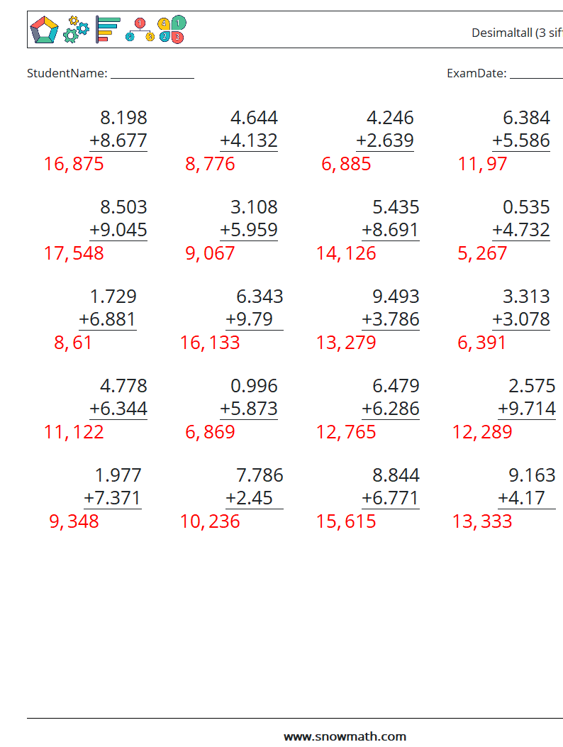 (25) Desimaltall (3 siffer) MathWorksheets 17 QuestionAnswer