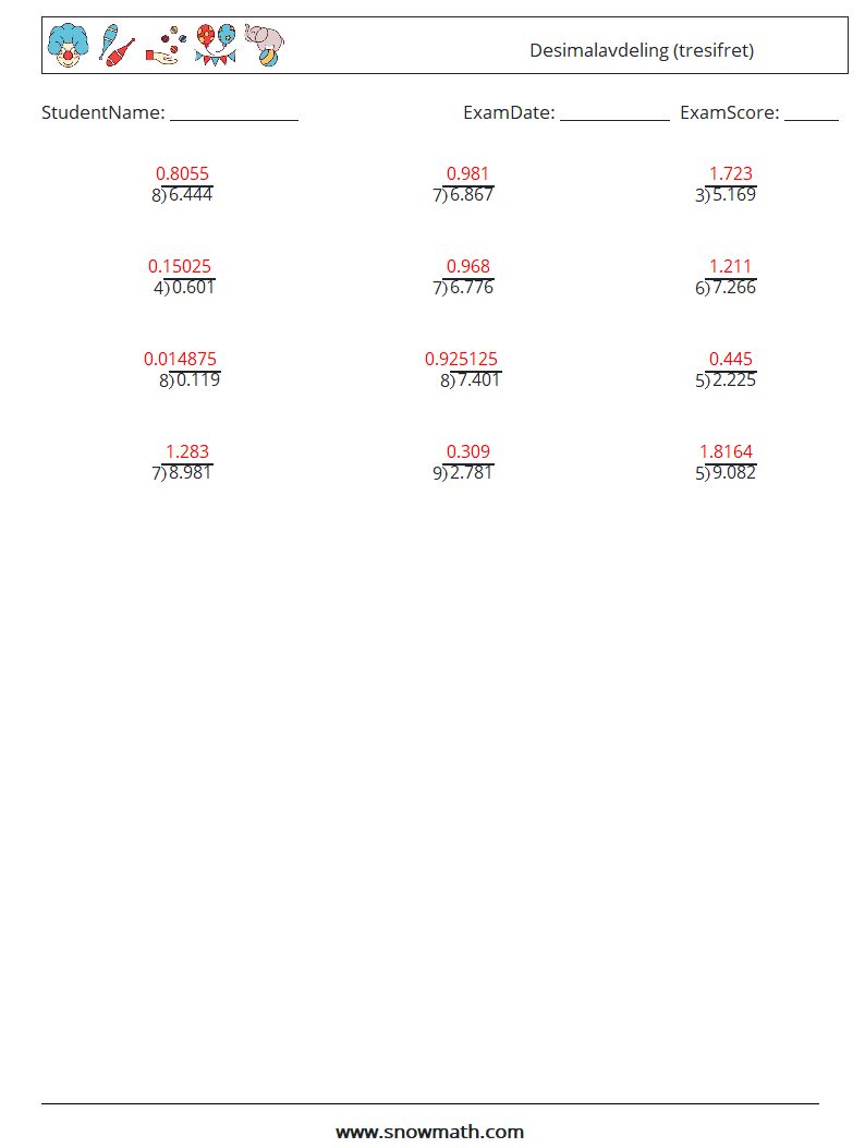 (12) Desimalavdeling (tresifret) MathWorksheets 10 QuestionAnswer