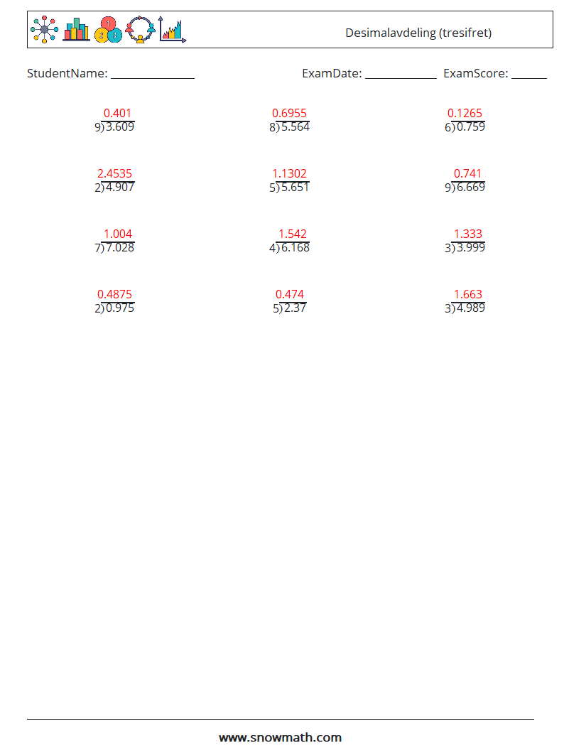 (12) Desimalavdeling (tresifret) MathWorksheets 11 QuestionAnswer