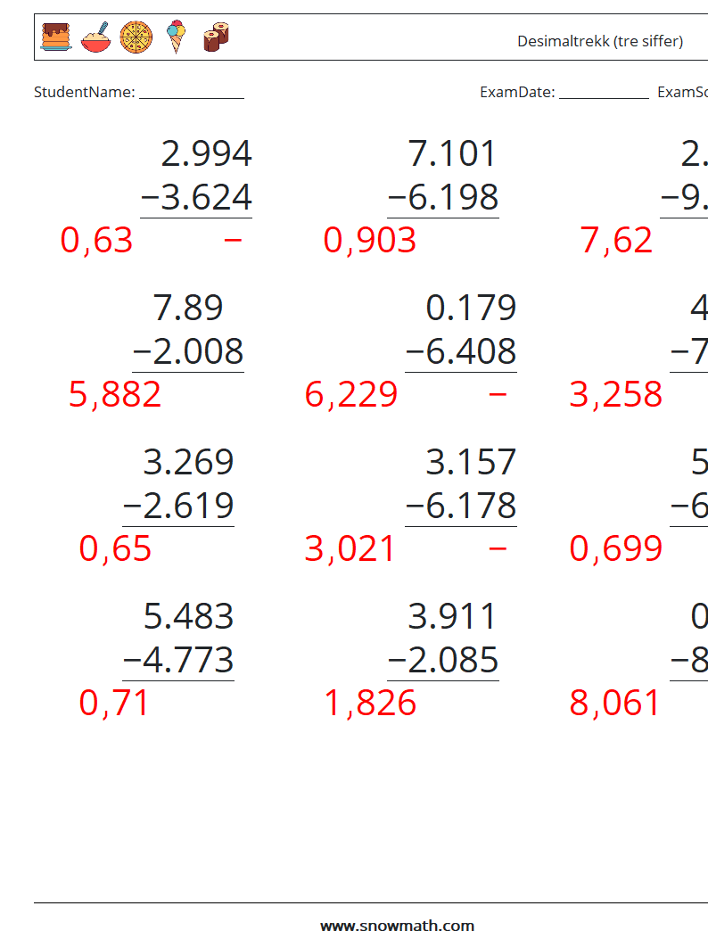 (12) Desimaltrekk (tre siffer) MathWorksheets 10 QuestionAnswer