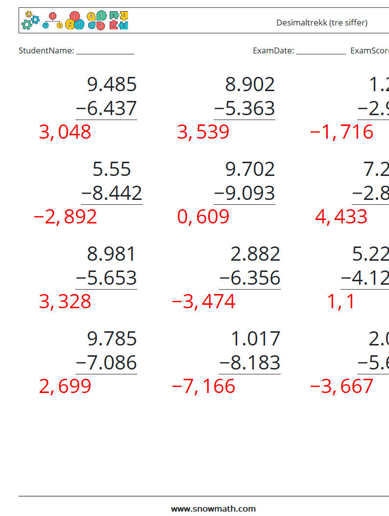 (12) Desimaltrekk (tre siffer) MathWorksheets 11 QuestionAnswer