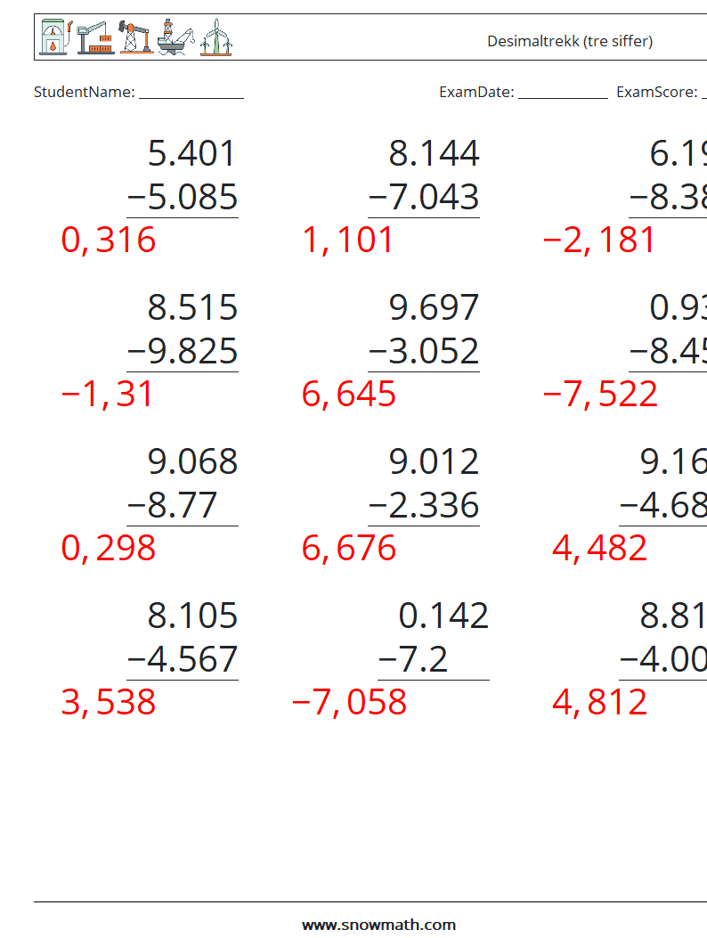 (12) Desimaltrekk (tre siffer) MathWorksheets 13 QuestionAnswer