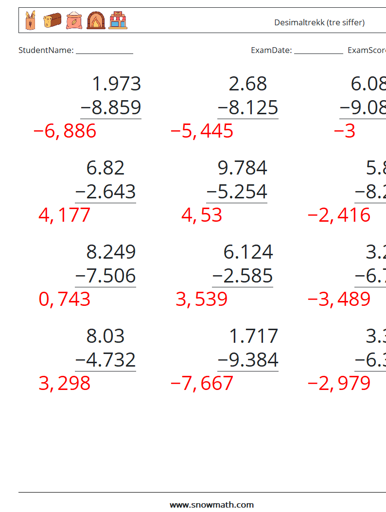 (12) Desimaltrekk (tre siffer) MathWorksheets 14 QuestionAnswer