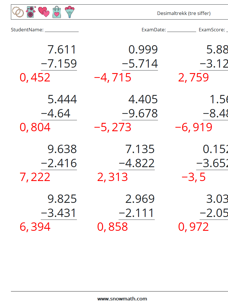 (12) Desimaltrekk (tre siffer) MathWorksheets 17 QuestionAnswer