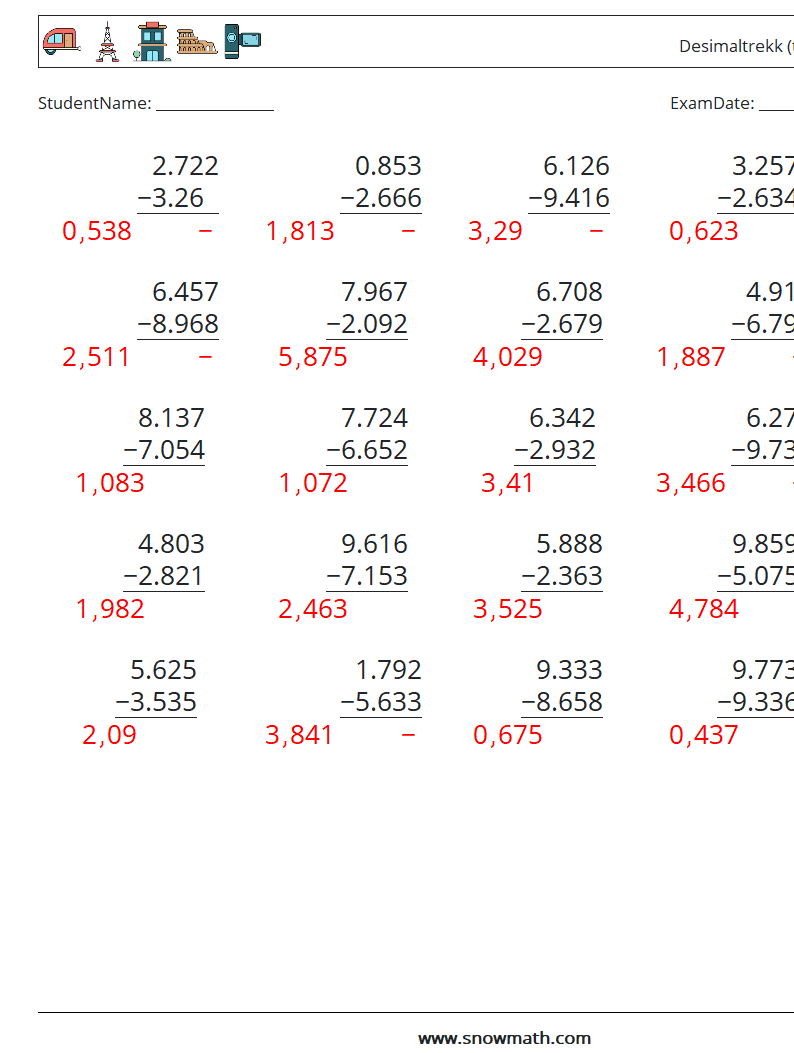 (25) Desimaltrekk (tre siffer) MathWorksheets 10 QuestionAnswer