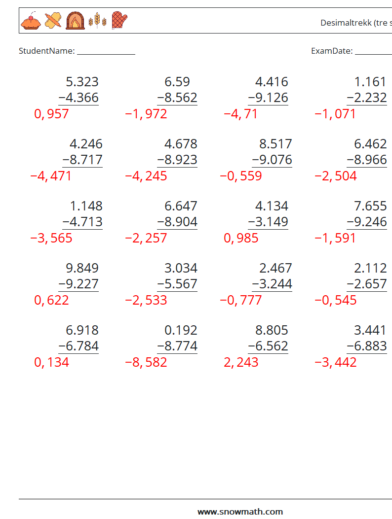 (25) Desimaltrekk (tre siffer) MathWorksheets 15 QuestionAnswer