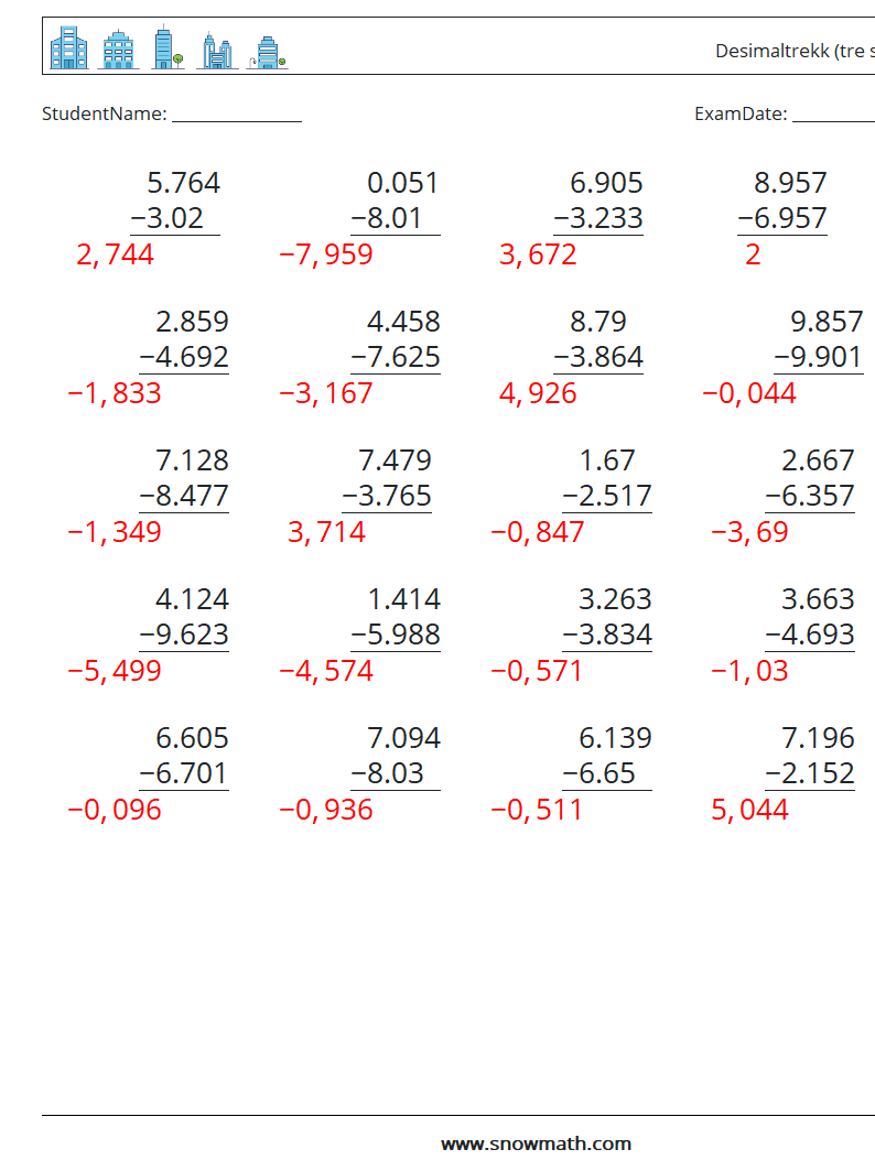 (25) Desimaltrekk (tre siffer) MathWorksheets 18 QuestionAnswer