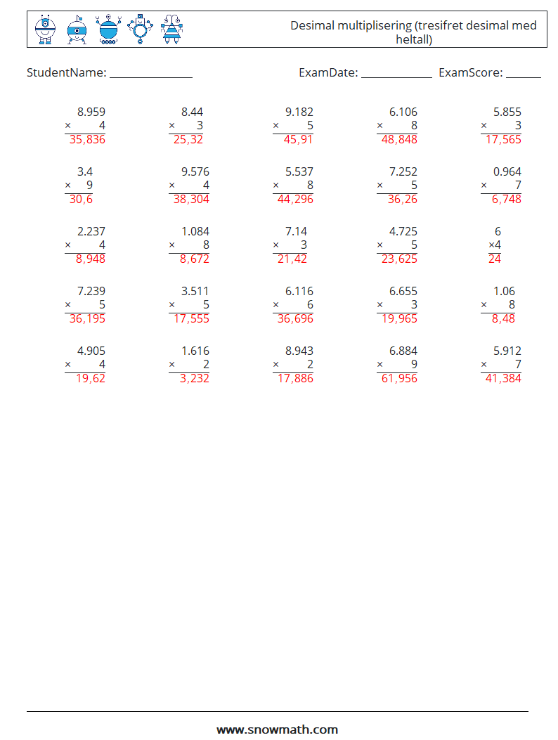 (25) Desimal multiplisering (tresifret desimal med heltall) MathWorksheets 10 QuestionAnswer