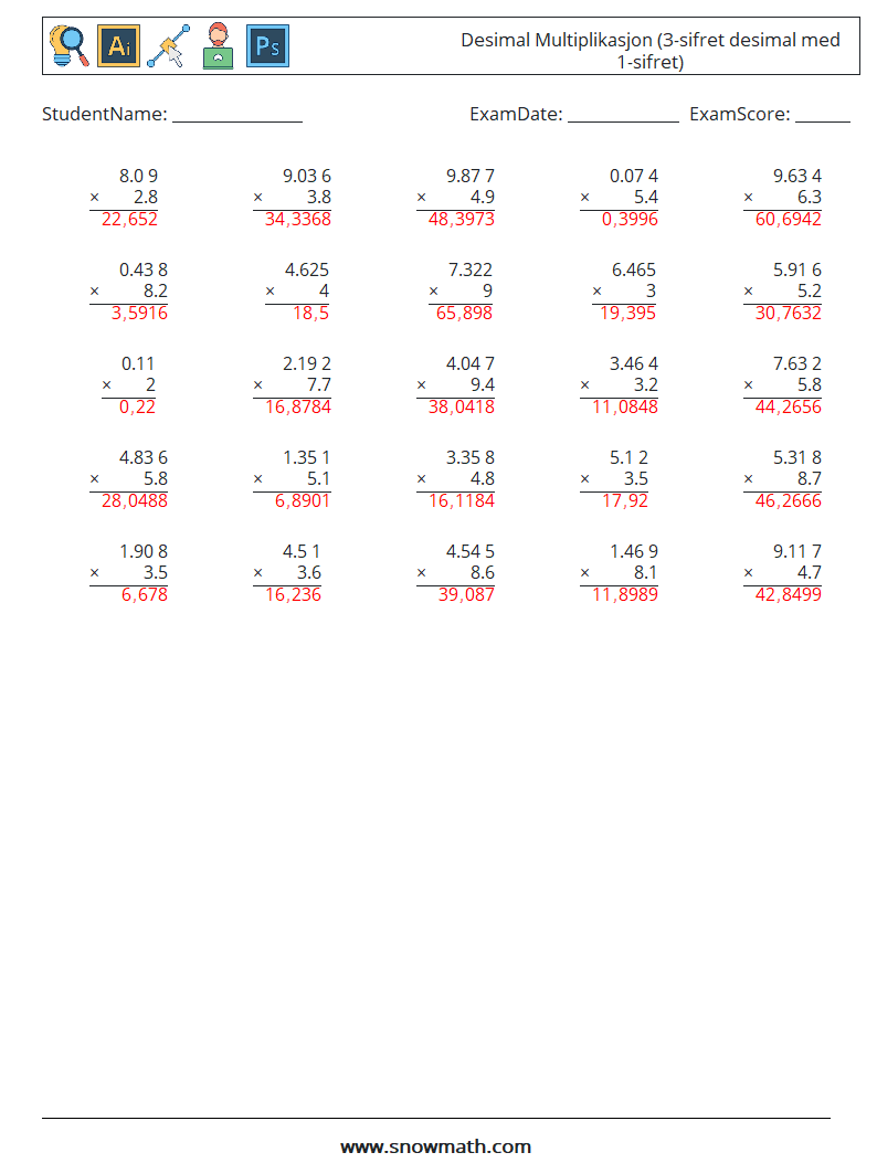 (25) Desimal Multiplikasjon (3-sifret desimal med 1-sifret) MathWorksheets 10 QuestionAnswer