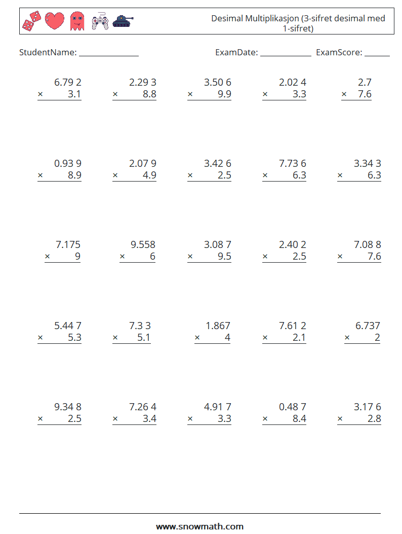 (25) Desimal Multiplikasjon (3-sifret desimal med 1-sifret) MathWorksheets 11