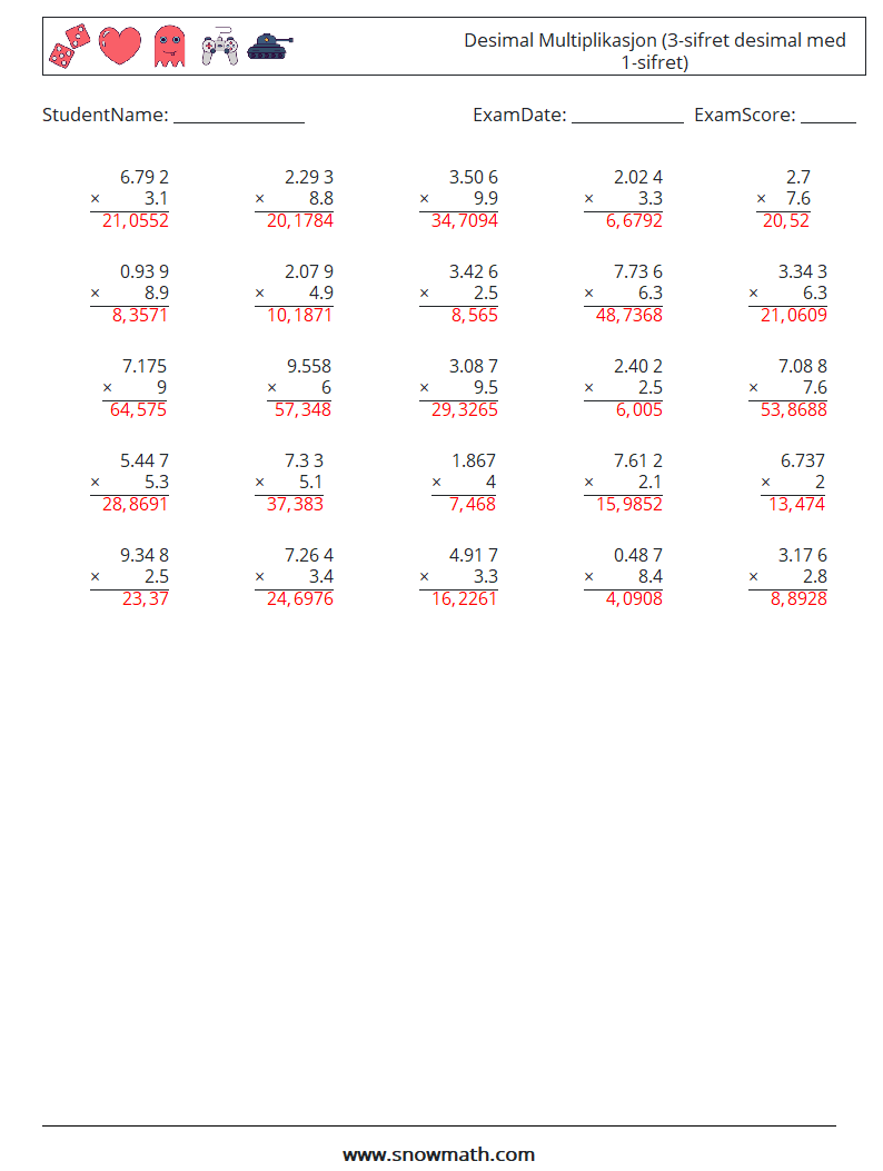 (25) Desimal Multiplikasjon (3-sifret desimal med 1-sifret) MathWorksheets 11 QuestionAnswer