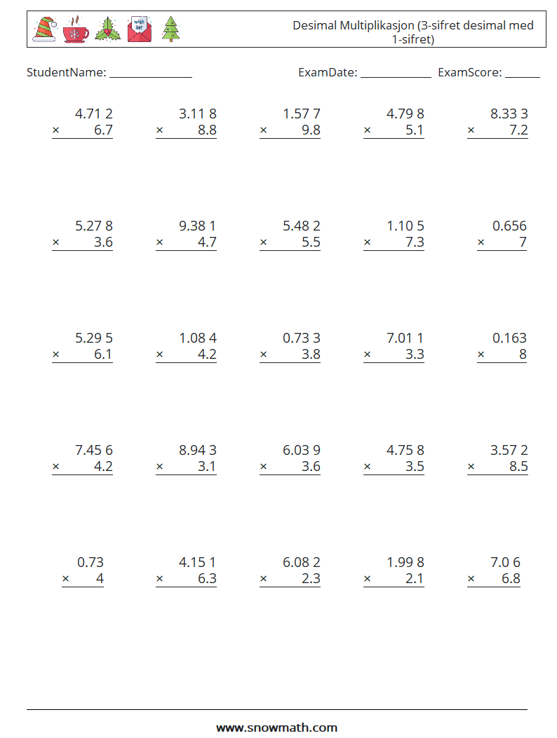 (25) Desimal Multiplikasjon (3-sifret desimal med 1-sifret) MathWorksheets 12