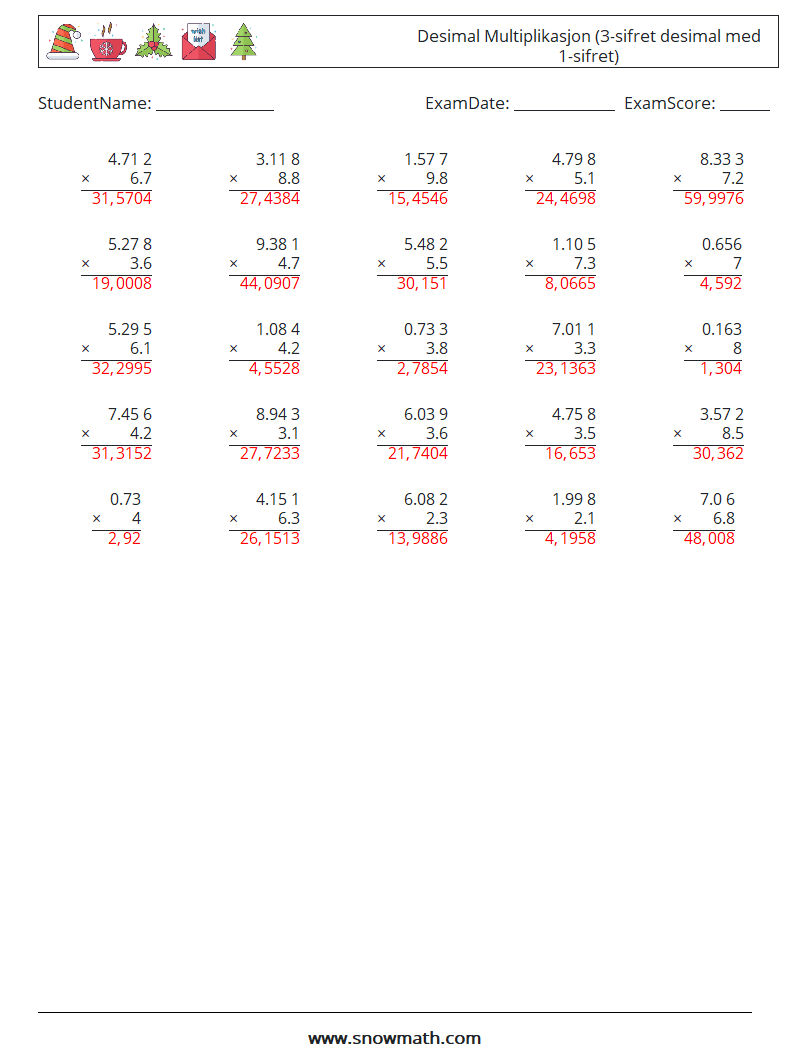(25) Desimal Multiplikasjon (3-sifret desimal med 1-sifret) MathWorksheets 12 QuestionAnswer