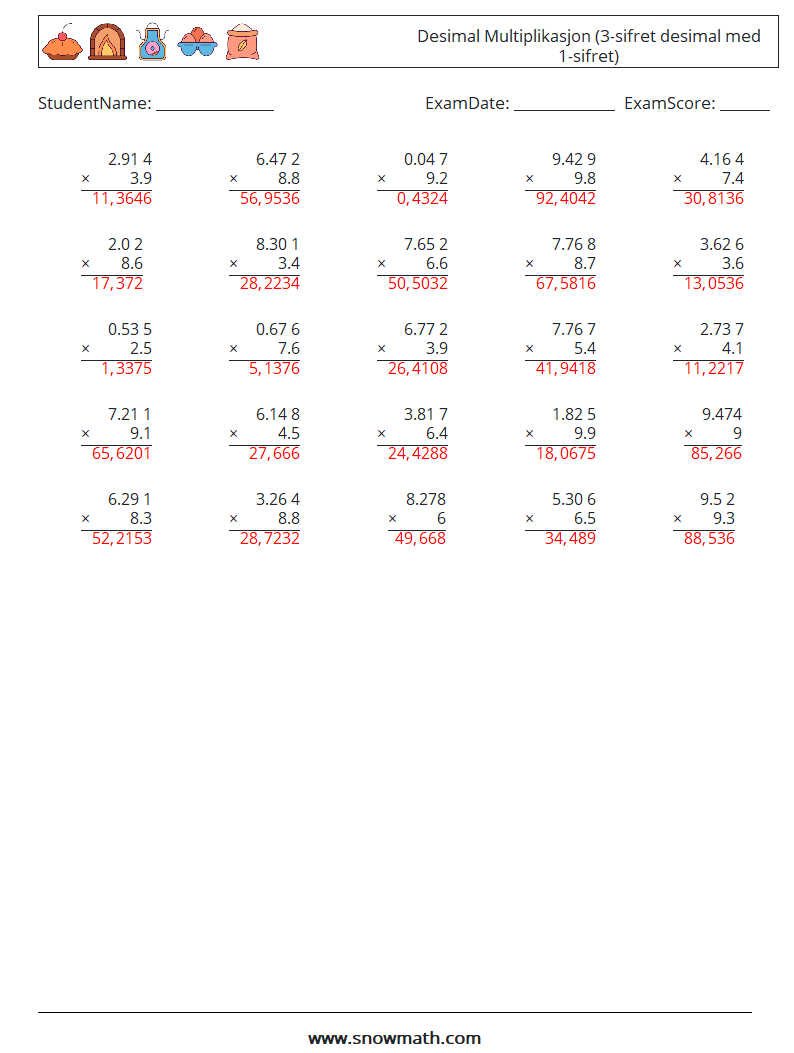(25) Desimal Multiplikasjon (3-sifret desimal med 1-sifret) MathWorksheets 13 QuestionAnswer