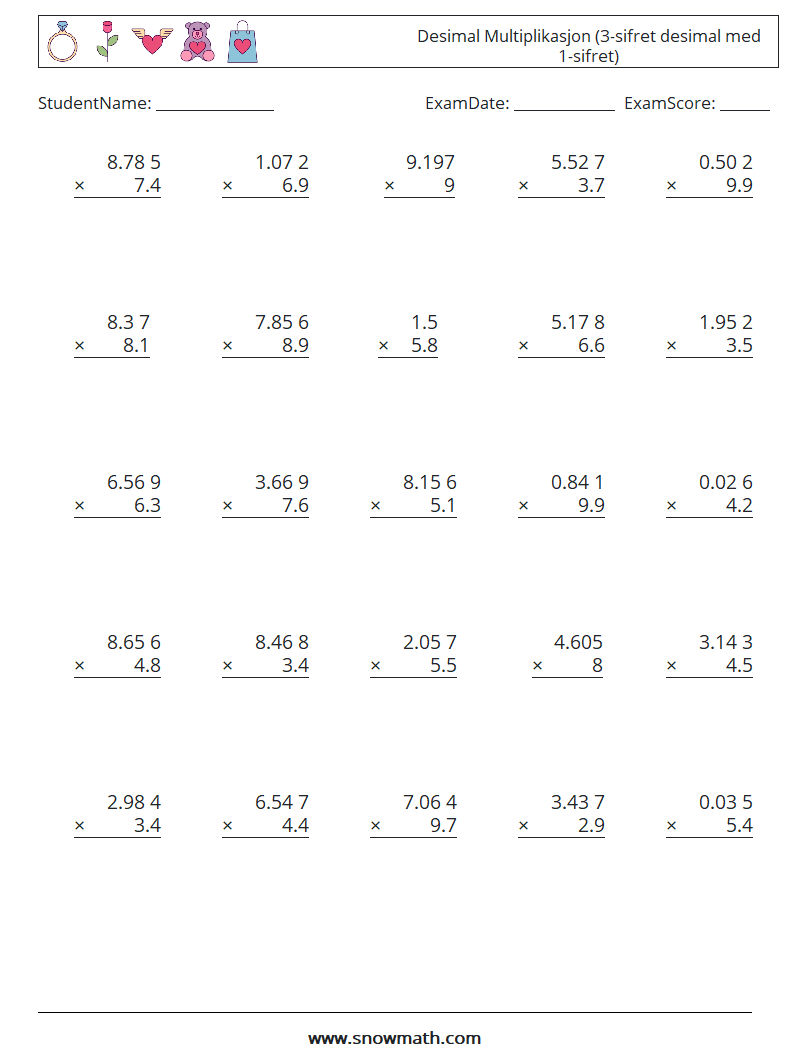 (25) Desimal Multiplikasjon (3-sifret desimal med 1-sifret) MathWorksheets 14