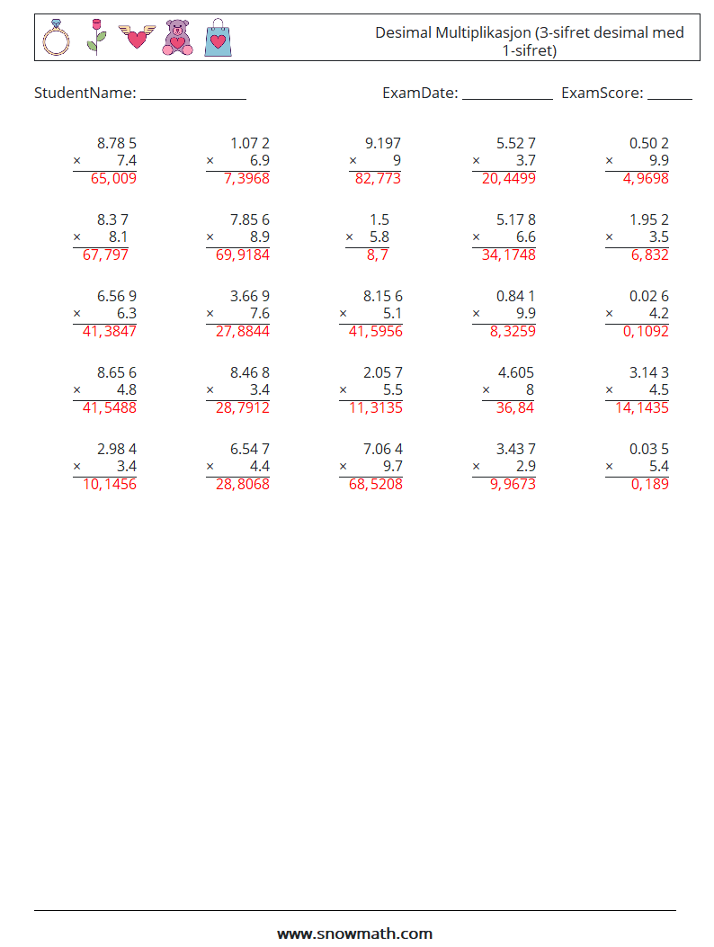 (25) Desimal Multiplikasjon (3-sifret desimal med 1-sifret) MathWorksheets 14 QuestionAnswer