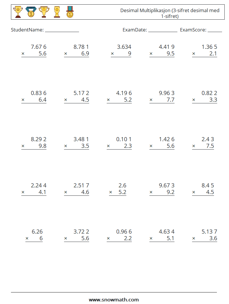 (25) Desimal Multiplikasjon (3-sifret desimal med 1-sifret) MathWorksheets 15