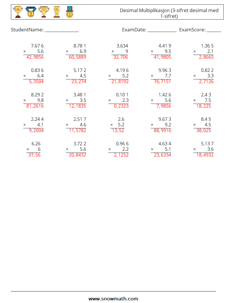 (25) Desimal Multiplikasjon (3-sifret desimal med 1-sifret) MathWorksheets 15 QuestionAnswer