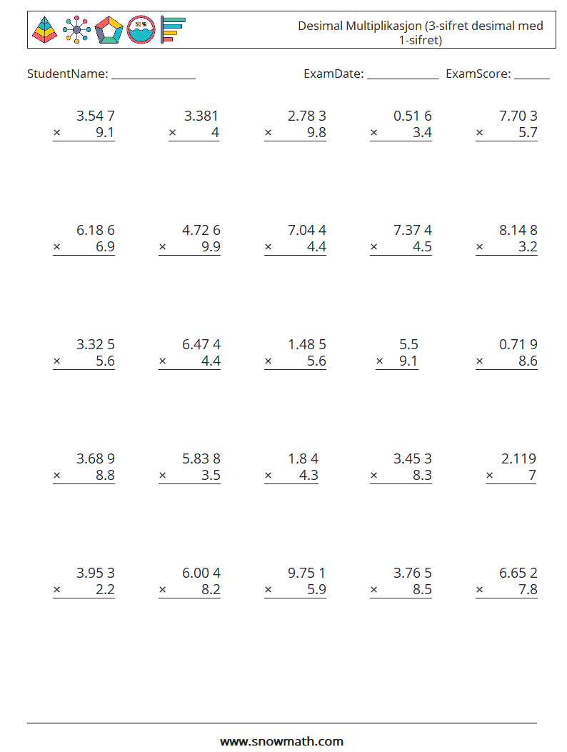 (25) Desimal Multiplikasjon (3-sifret desimal med 1-sifret) MathWorksheets 16