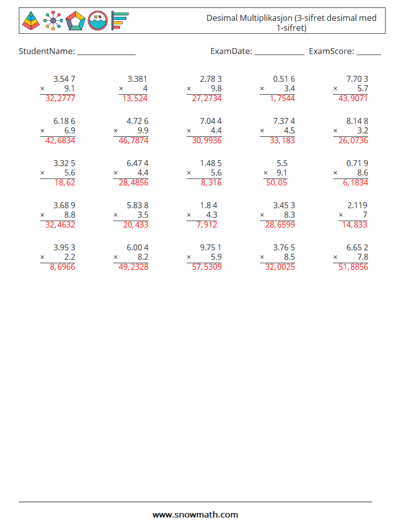 (25) Desimal Multiplikasjon (3-sifret desimal med 1-sifret) MathWorksheets 16 QuestionAnswer