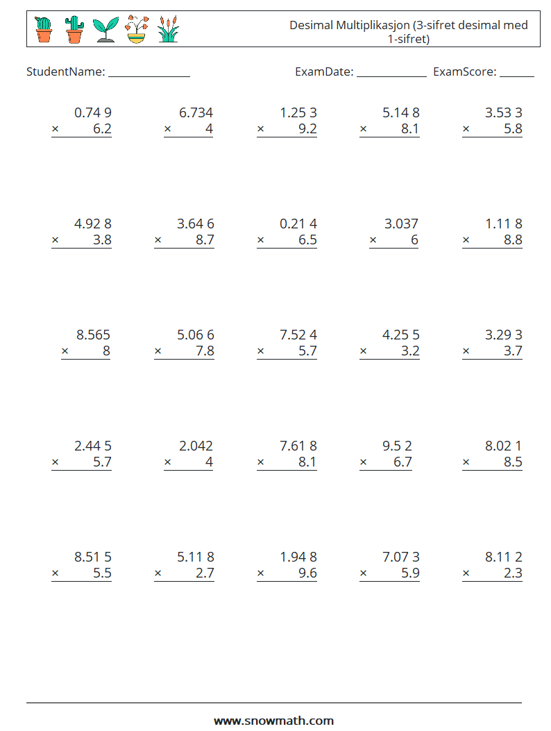 (25) Desimal Multiplikasjon (3-sifret desimal med 1-sifret) MathWorksheets 17