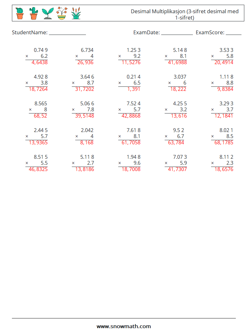 (25) Desimal Multiplikasjon (3-sifret desimal med 1-sifret) MathWorksheets 17 QuestionAnswer