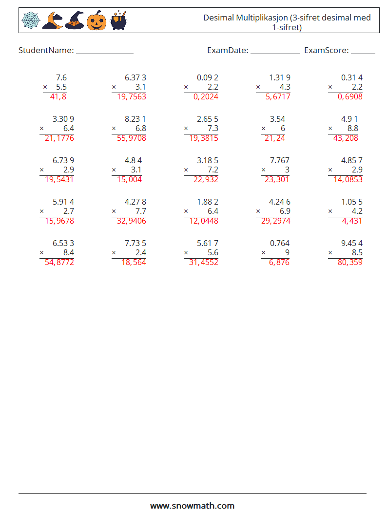 (25) Desimal Multiplikasjon (3-sifret desimal med 1-sifret) MathWorksheets 18 QuestionAnswer