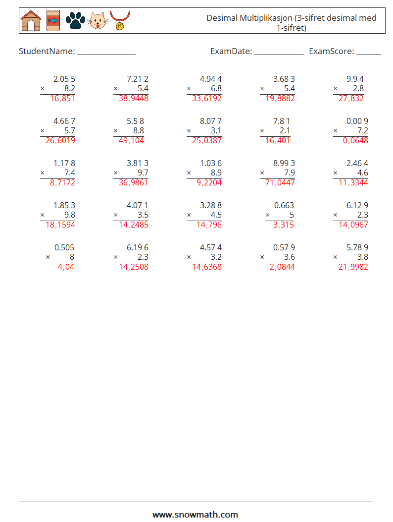 (25) Desimal Multiplikasjon (3-sifret desimal med 1-sifret) MathWorksheets 1 QuestionAnswer