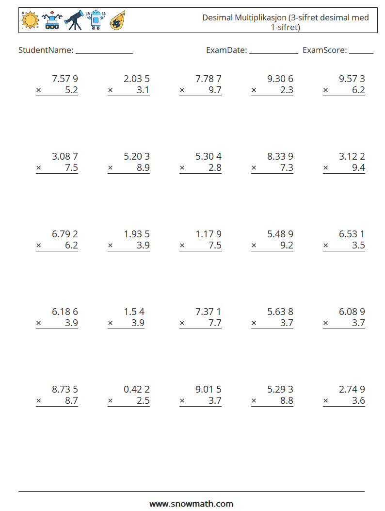 (25) Desimal Multiplikasjon (3-sifret desimal med 1-sifret) MathWorksheets 2