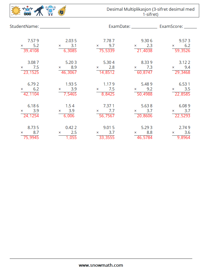 (25) Desimal Multiplikasjon (3-sifret desimal med 1-sifret) MathWorksheets 2 QuestionAnswer