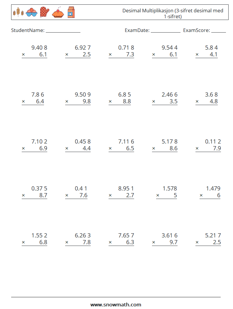 (25) Desimal Multiplikasjon (3-sifret desimal med 1-sifret) MathWorksheets 3