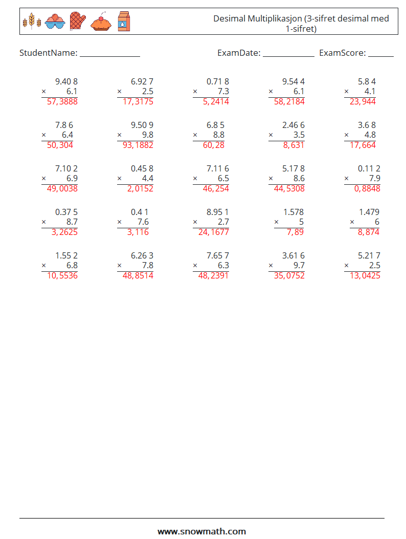 (25) Desimal Multiplikasjon (3-sifret desimal med 1-sifret) MathWorksheets 3 QuestionAnswer
