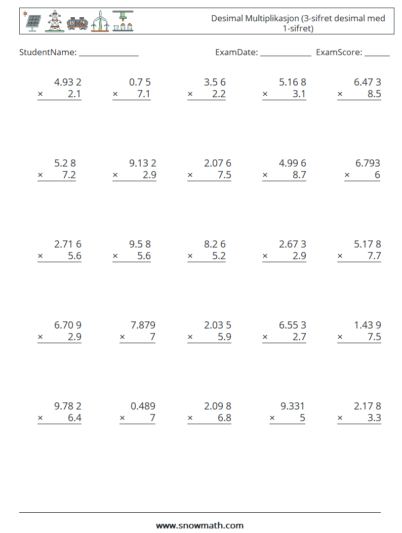 (25) Desimal Multiplikasjon (3-sifret desimal med 1-sifret) MathWorksheets 4