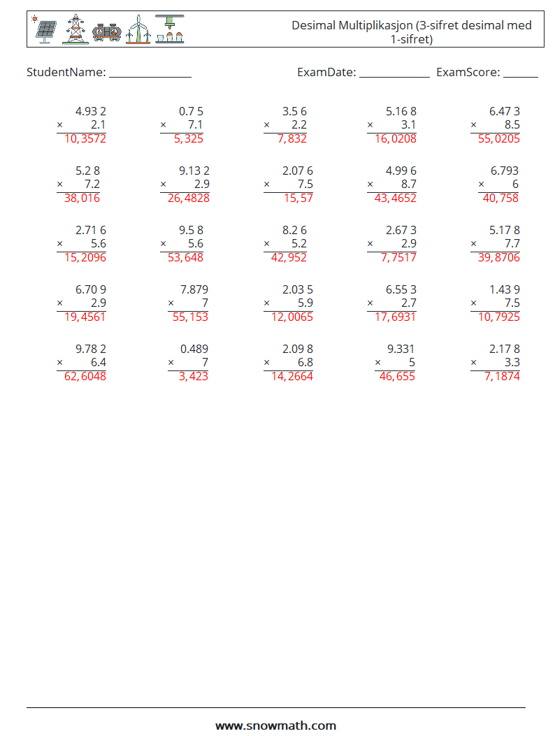 (25) Desimal Multiplikasjon (3-sifret desimal med 1-sifret) MathWorksheets 4 QuestionAnswer