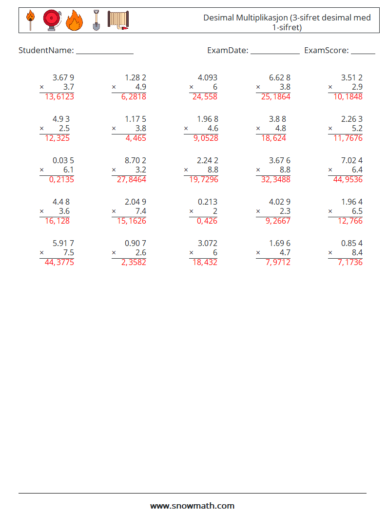 (25) Desimal Multiplikasjon (3-sifret desimal med 1-sifret) MathWorksheets 5 QuestionAnswer