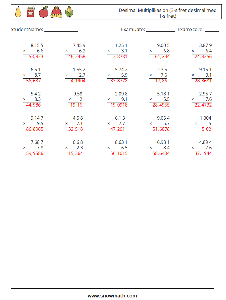 (25) Desimal Multiplikasjon (3-sifret desimal med 1-sifret) MathWorksheets 6 QuestionAnswer