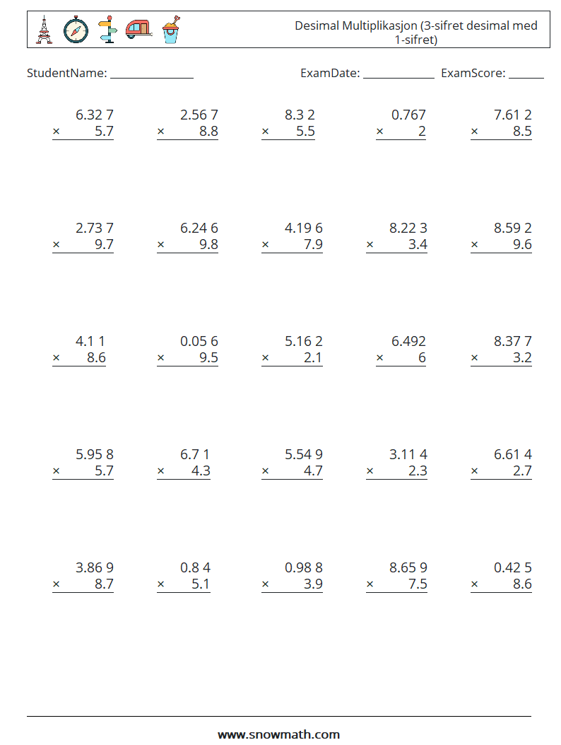 (25) Desimal Multiplikasjon (3-sifret desimal med 1-sifret) MathWorksheets 7