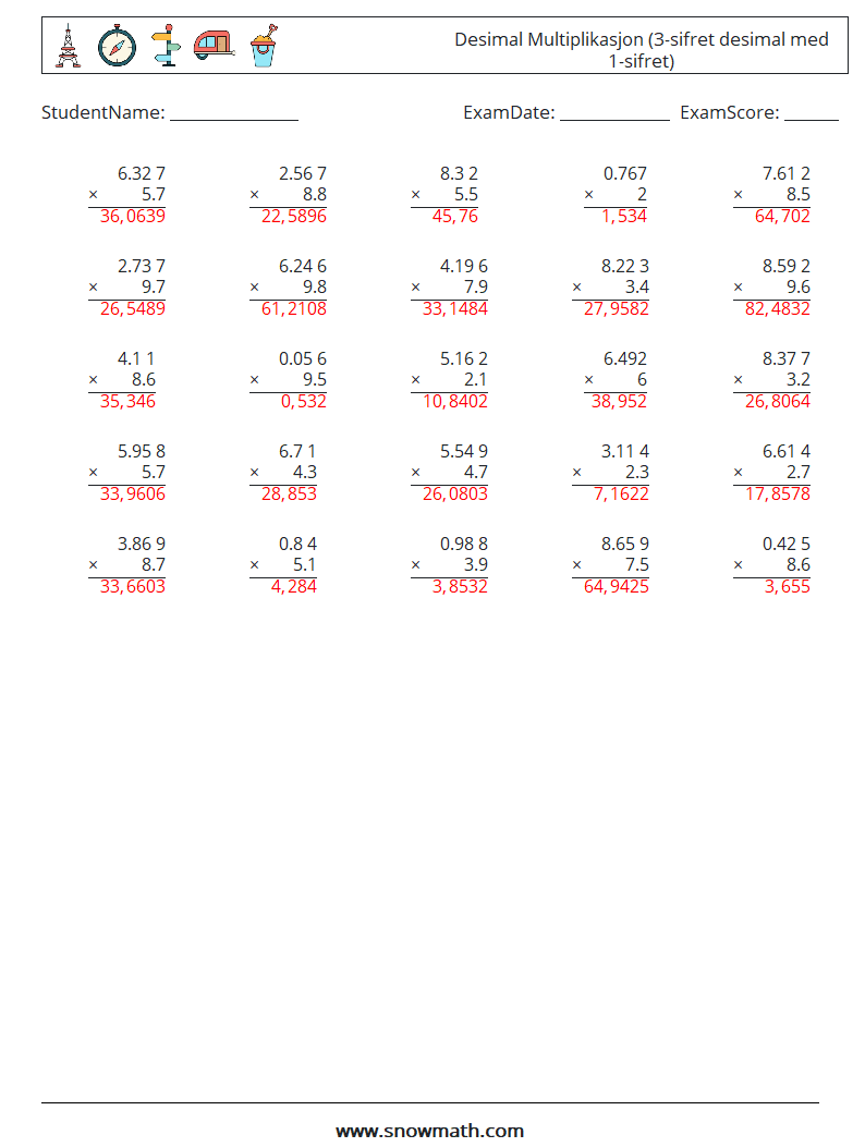 (25) Desimal Multiplikasjon (3-sifret desimal med 1-sifret) MathWorksheets 7 QuestionAnswer