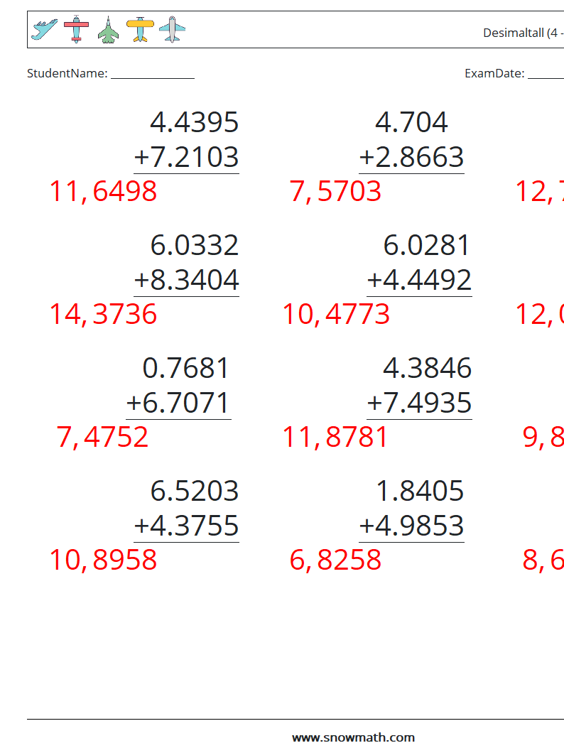 (12) Desimaltall (4 -sifret) MathWorksheets 11 QuestionAnswer