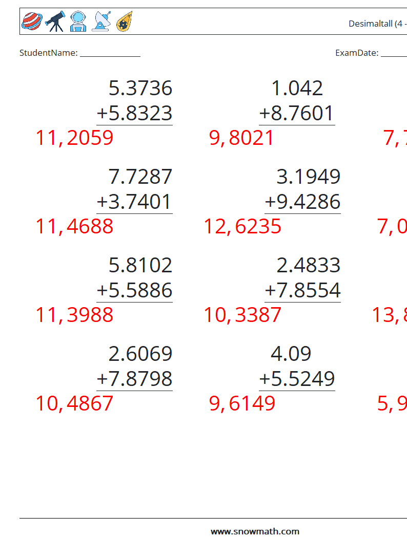 (12) Desimaltall (4 -sifret) MathWorksheets 12 QuestionAnswer